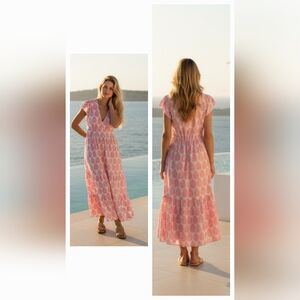 Boden May Cotton Midi Tea Dress SZ 10 Cap Sleeve Elastic Waist Pink & White